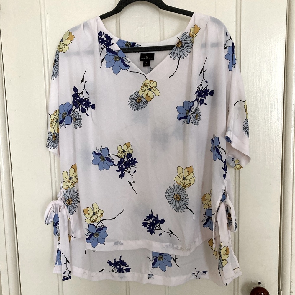 Worthington White Blouse with Blue and Yellow Floral Pattern and Side Tie Detail